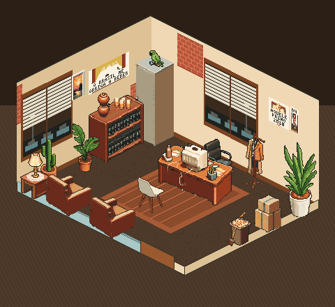 Escritório em pixel art com mesa, computador, plantas e um papagaio em cima do armário